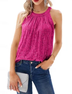 Women's Camisole Tank Top Camis Solid Color Sexy Casual Sleeveless Halter Neck Regular Tops Party Sequins Wine Fuchsia Gold Summer