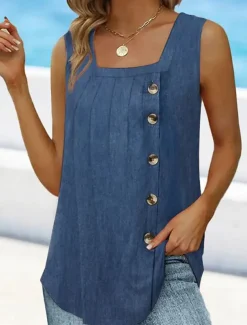 Women's Camisole Tank Top Sleeveless Round Neck Asymmetrical Button Side Solid Color Casual Summer Top Regular Fit Charcoal Green