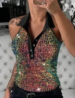 Women's Camisole Tank Top Leopard Rainbow Leopard Buttons Sequin Daily Elegant V Neck Regular Fit S
