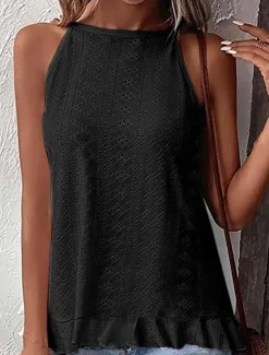 Women's Camisole Tank Top Solid Color Stylish Casual Sleeveless Halter Neck Regular Tops Daily Eyelet Black White Sky Blue Summer