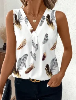 Women's Camisole Tank Top Graphic Feather Elegant Bohemia Stylish Sleeveless V Neck Regular Tops Daily Going out Vacation Wear Print White Summer Spring