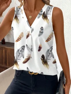 Women's Camisole Tank Top Graphic Feather Elegant Bohemia Stylish Sleeveless V Neck Regular Tops Daily Going out Vacation Wear Print White Summer Spring