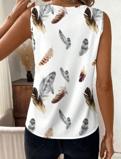 Women's Camisole Tank Top Graphic Feather Elegant Bohemia Stylish Sleeveless V Neck Regular Tops Daily Going out Vacation Wear Print White Summer Spring