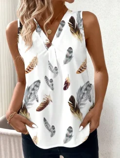 Women's Camisole Tank Top Graphic Feather Elegant Bohemia Stylish Sleeveless V Neck Regular Tops Daily Going out Vacation Wear Print White Summer Spring