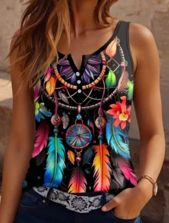 Women's Camisole Tank Top Floral Paisley Bohemia Vintage Ethnic Sleeveless Notched Neck Regular Tops Daily Buttons Print Black Orange Green Gray Summer Spring