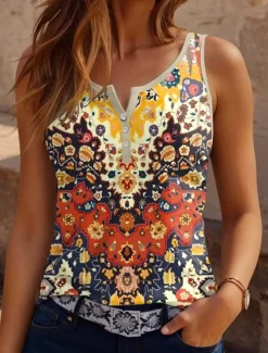 Women's Camisole Tank Top Floral Paisley Bohemia Vintage Ethnic Sleeveless Notched Neck Regular Tops Daily Buttons Print Black Orange Green Gray Summer Spring