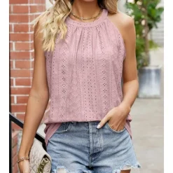 Women's Camisole Tank Top Halter Top Sleeveless Lace Cut-Out Elastic Soft High Neck Summer Casual Teal Lightweight Versatile Beachwear