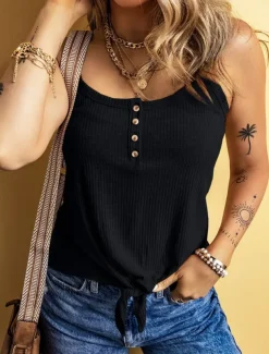 Women's Camisole Tank Top Solid Color Daily Stylish Casual Sleeveless Scoop Neck Regular Tops Daily Buttons Black Yellow Army Green Apricot Summer Spring