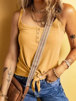 Women's Camisole Tank Top Solid Color Daily Stylish Casual Sleeveless Scoop Neck Regular Tops Daily Buttons Black Yellow Army Green Apricot Summer Spring