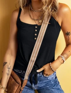 Women's Camisole Tank Top Solid Color Daily Stylish Casual Sleeveless Scoop Neck Regular Tops Daily Buttons Black Yellow Army Green Apricot Summer Spring