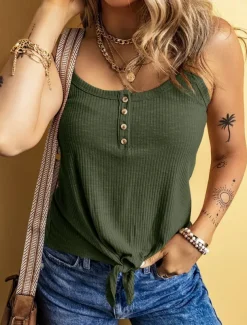 Women's Camisole Tank Top Solid Color Daily Stylish Casual Sleeveless Scoop Neck Regular Tops Daily Buttons Black Yellow Army Green Apricot Summer Spring