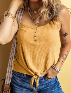 Women's Camisole Tank Top Solid Color Daily Stylish Casual Sleeveless Scoop Neck Regular Tops Daily Buttons Black Yellow Army Green Apricot Summer Spring