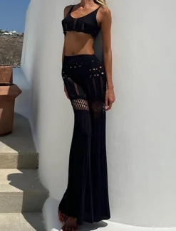 Women's Camisole Tank Top Black White Solid Color Cut Out Beach Swimming Vacation Sexy Boho Strap Regular Fit S