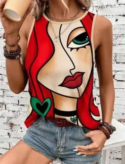 Women's Camisole Tank Top Vest Fashion Streetwear Striped Print Sleeveless Regular Tops Crew Neck Casual Green Summer