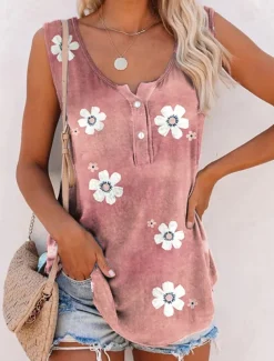 Women's Camisole Tank Top Camis Pink Blue Green Floral Button Print Sleeveless Daily Holiday Streetwear Casual V Neck Regular Floral Plus Size L