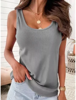 Women's Camisole Tank Top Plain Basic Sleeveless U Neck Regular Tops Casual Black White Pink Blue Khaki