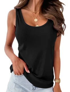 Women's Camisole Tank Top Plain Basic Sleeveless U Neck Regular Tops Casual Black White Pink Blue Khaki