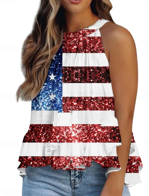 Women's Camisole Tank Top Flag Daily Casual Sleeveless Halter Neck Regular Tops Daily Ruffle Print Red Navy Blue Royal Blue Blue Summer