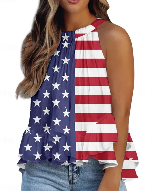 Women's Camisole Tank Top Flag Daily Casual Sleeveless Halter Neck Regular Tops Daily Ruffle Print Red Navy Blue Royal Blue Blue Summer