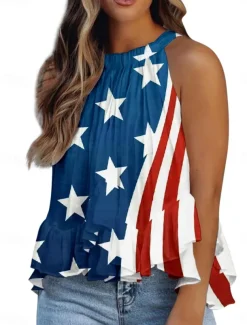 Women's Camisole Tank Top Flag Daily Casual Sleeveless Halter Neck Regular Tops Daily Ruffle Print Red Navy Blue Royal Blue Blue Summer