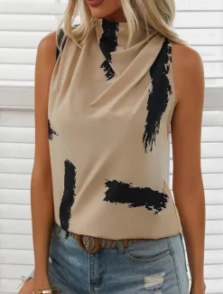 Women's Camisole Tank Top Casual Print Sleeveless Regular Tops High Neck Vacation Daily Khaki Summer