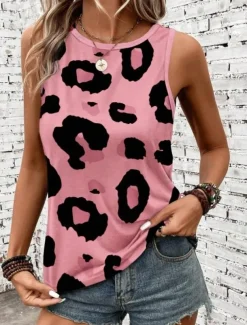 Women's Camisole Tank Top Vest Fashion Streetwear Print Sleeveless Regular Tops Crew Neck Casual Pink Brown Green Khaki Summer