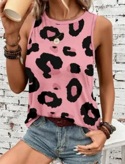 Women's Camisole Tank Top Vest Fashion Streetwear Print Sleeveless Regular Tops Crew Neck Casual Pink Brown Green Khaki Summer