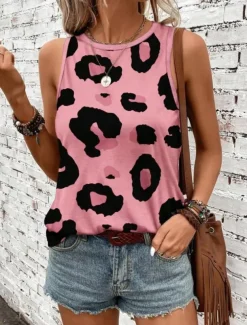 Women's Camisole Tank Top Vest Fashion Streetwear Print Sleeveless Regular Tops Crew Neck Casual Pink Brown Green Khaki Summer