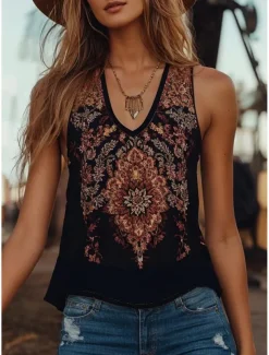 Women's Camisole Tank Top Floral Graphic Bohemia Daily Ethnic Sleeveless V Neck Regular Tops Daily Holiday Going out Black Summer Spring