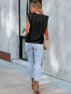 Women's Camisole Tank Top Plain Sparkly Fashion Sleeveless Round Neck Regular Tops Casual Sequins Silver Black Pink Fuchsia Gold Summer