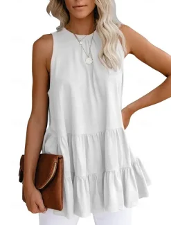 Women's Camisole Tank Top Black White Pink Solid Color Ladies Flowy Street Daily Fashion Round Neck S