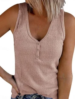 Women's Camisole Tank Top Solid Color Stylish Casual Sleeveless V Neck Regular Tops Daily Buttons Black White Pink Summer
