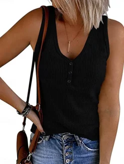 Women's Camisole Tank Top Solid Color Stylish Casual Sleeveless V Neck Regular Tops Daily Buttons Black White Pink Summer