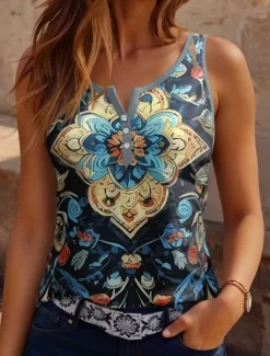 Women's Camisole Tank top Floral Paisley Bohemia Vintage Ethnic Sleeveless Notched Neck Regular Tops Daily Buttons Print Black Navy Blue Dusty Blue Orange