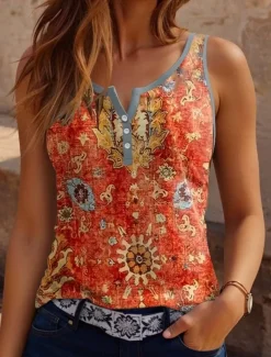 Women's Camisole Tank top Floral Paisley Bohemia Vintage Ethnic Sleeveless Notched Neck Regular Tops Daily Buttons Print Black Navy Blue Dusty Blue Orange