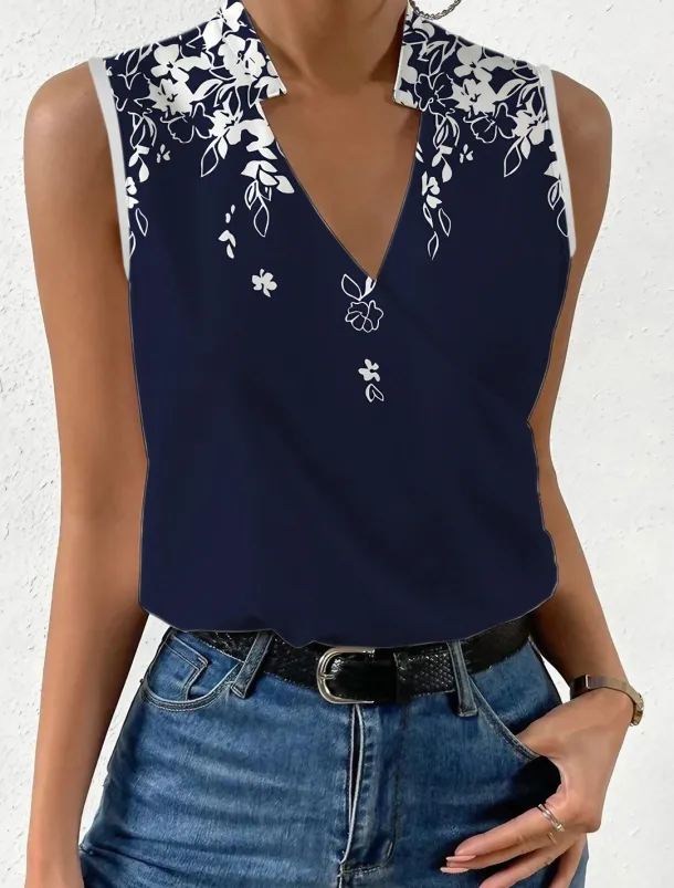 Women's Camisole Tank Top Basic Floral Print Sleeveless Regular Tops V Neck Casual Holiday Navy Blue