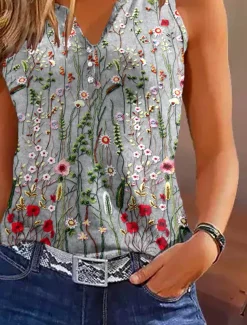 Women's Camisole Tank Top Floral Casual Sleeveless Notched Neck Regular Tops Daily Buttons Print Gray Summer