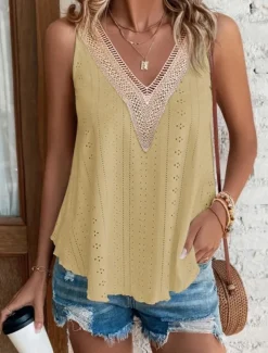 Women's Camisole Tank Top Solid Color Stylish Casual Sleeveless V Neck Regular Tops Daily Lace Patchwork White Yellow Pink Summer