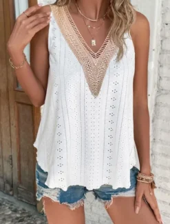 Women's Camisole Tank Top Solid Color Stylish Casual Sleeveless V Neck Regular Tops Daily Lace Patchwork White Yellow Pink Summer