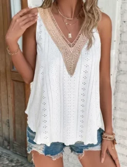 Women's Camisole Tank Top Solid Color Stylish Casual Sleeveless V Neck Regular Tops Daily Lace Patchwork White Yellow Pink Summer