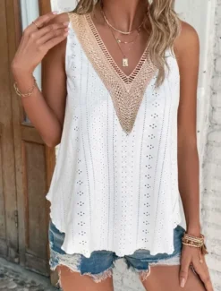 Women's Camisole Tank Top Solid Color Stylish Casual Sleeveless V Neck Regular Tops Daily Lace Patchwork White Yellow Pink Summer