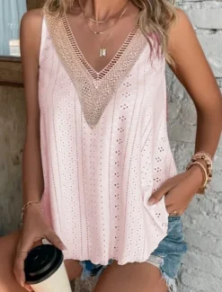 Women's Camisole Tank Top Solid Color Stylish Casual Sleeveless V Neck Regular Tops Daily Lace Patchwork White Yellow Pink Summer