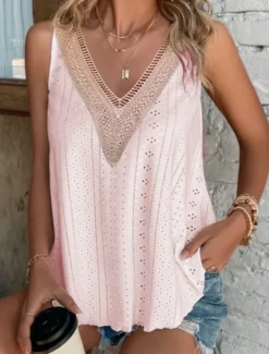 Women's Camisole Tank Top Solid Color Stylish Casual Sleeveless V Neck Regular Tops Daily Lace Patchwork White Yellow Pink Summer