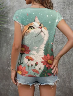 Women's Camisole Tank Top Graphic Animal Cat Vintage Stylish Casual Sleeveless V Neck Regular Tops Daily Print Green Summer Spring