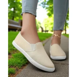 Women's Canvas Slip-On Sneakers – Lightweight Minimalist Flats for Daily Errands, Park Walks and Weekend Brunch Outings