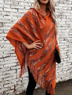 Women's Cape Casual Striped V Neck Hooded Tassel Sleeveless Long Tops Knit Formal Outdoor Going out Red Brown White Fall Winter