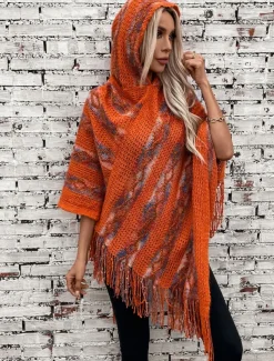 Women's Cape Casual Striped V Neck Hooded Tassel Sleeveless Long Tops Knit Formal Outdoor Going out Red Brown White Fall Winter