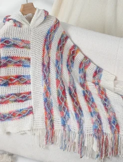 Women's Cape Casual Striped V Neck Hooded Tassel Sleeveless Long Tops Knit Formal Outdoor Going out Red Brown White Fall Winter