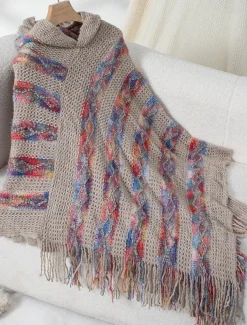 Women's Cape Casual Striped V Neck Hooded Tassel Sleeveless Long Tops Knit Formal Outdoor Going out Red Brown White Fall Winter