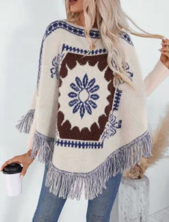 Women's Cape Daily Casual Graphic Geometric Print Boat Neck Knitted Long Sleeve Regular Tops Knit Home Work Black Beige Fall Winter